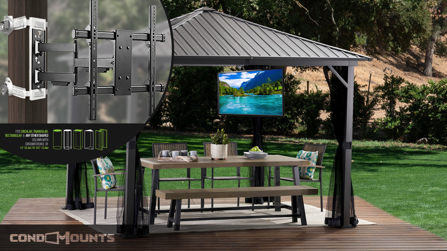 Aluminum Gazebo TV Mount - No Drilling - Strap On easy Mounting Gazebo 